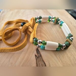 Natuve Beaded Bone  Bracelet with Leather Tie